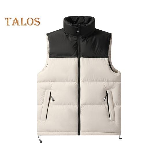 Men Cotton Waistcoat Stand Collar Sleeveless Patchwork Color Cotton Vest Coat with Pockets Elastic Drawstring Hem Zipper Placket Vest Outwear