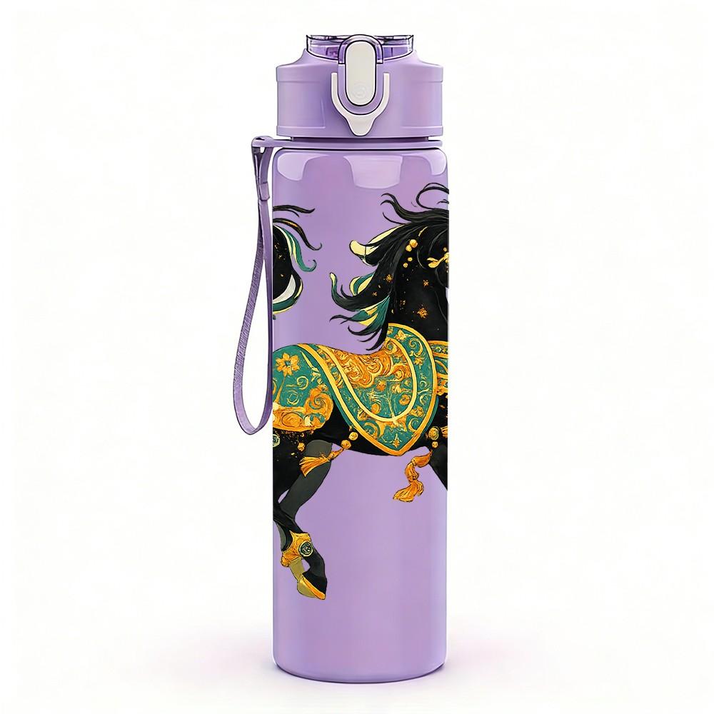 1PC Decorated Folk Horse Art Print 750ml Color Plastic Sports Water Bottle Leakproof Flip Straw Lid Suitable for Sports Office Home Use