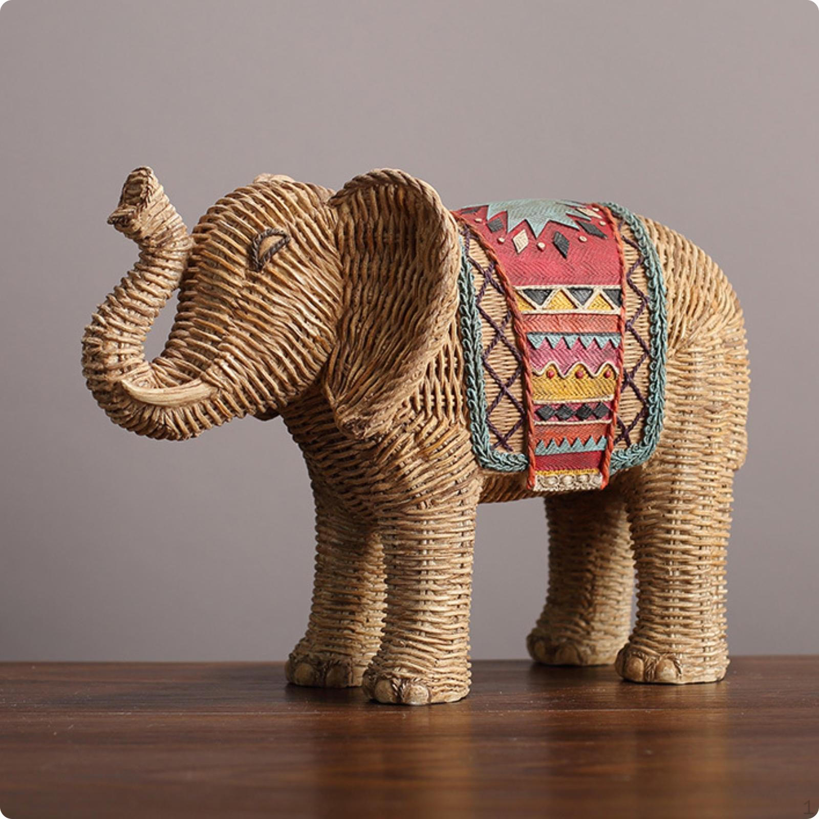 Rattan Elephant Figurine Multicolor Patterned Decorative Tan Brown for Cabinet