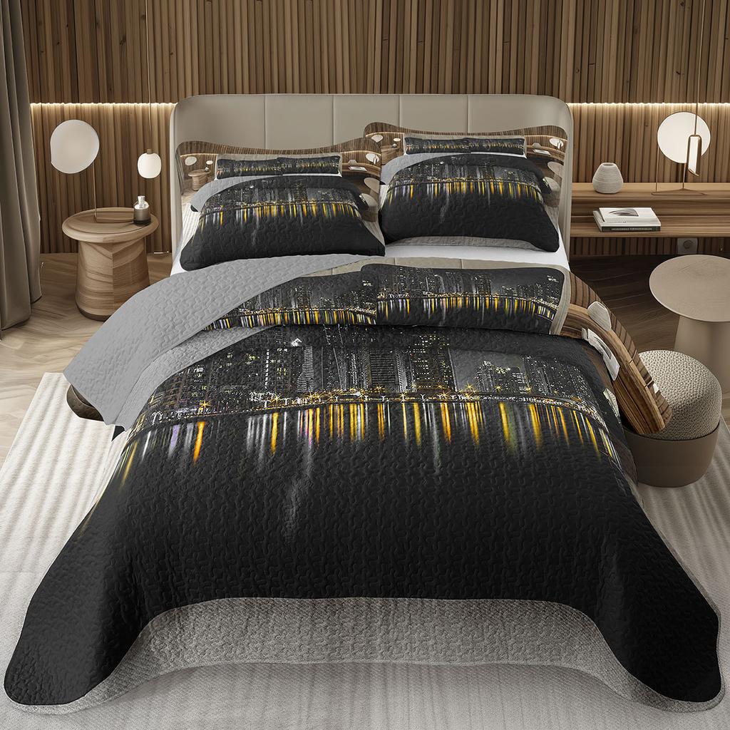 City Landscape Quilted Bedspread Set Cityscape Artwork Queen Bedding Set Colorful River Business District Coverlet For Girls Man
