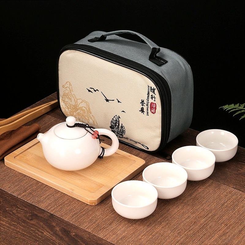Travel Tea Set Retro Outdoor Portable Kung Fu Ceramics One Pot Four Cups with Tea Tray Company Gifts Cheap