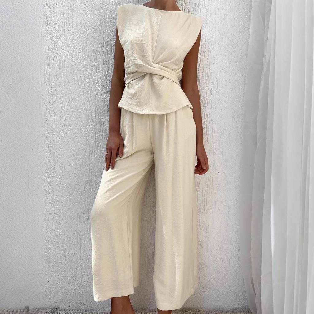 Khaki wrinkle sleeveless vest, top, trousers casual suit 1116 European and American summer fashion new two-piece set