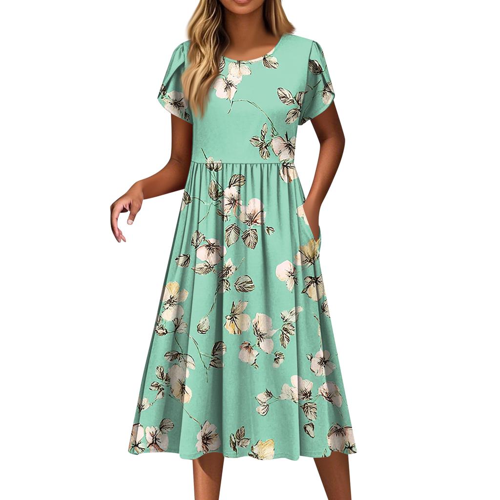 Women's Fashion Casual Loose Floral Print Round Neck Pocket Short Sleeve Dress