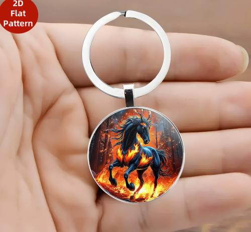 Round Pendant Keychain with a Running Horse Design