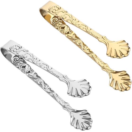 2Pcs 304 Stainless Steel Sugar Cube Tongs,Ymapinc Rose Relief Handle Ice Tong, Gold & Silver Tongs for Sugar Cubes Vintage Small Serving Tong, Tea,