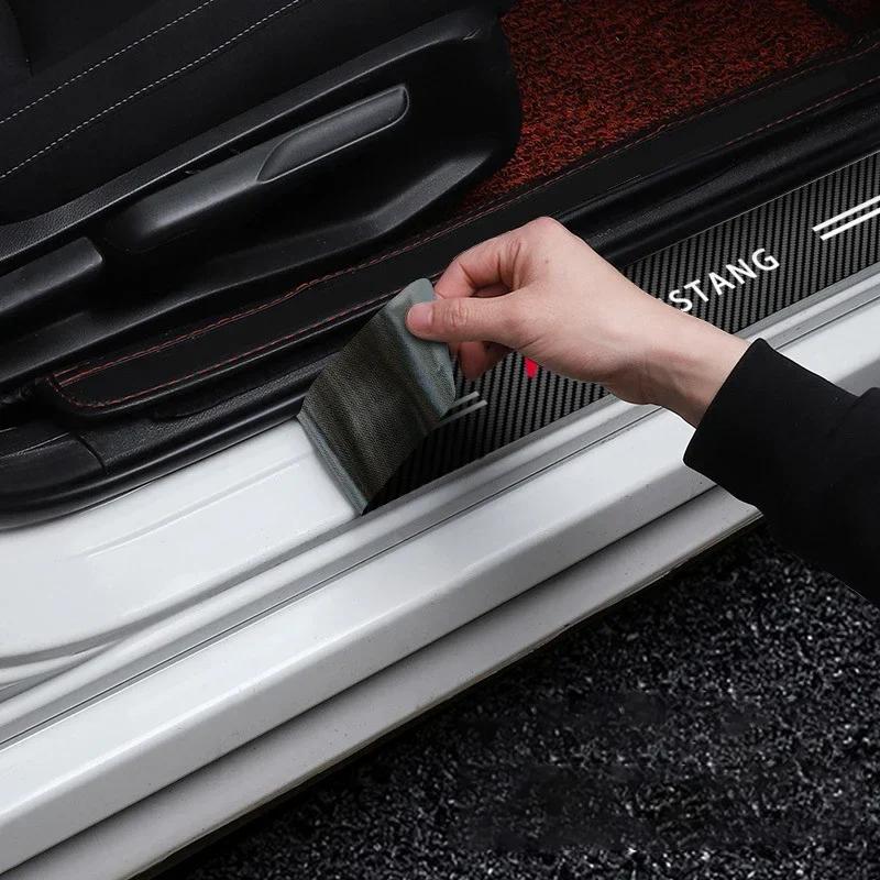 New 2026 Car Sticker For Ford 4Pcs Car Door Plate Carbon Fiber Threshold Protector Sticker For Ford Mustang SHELBY GT 500 350 Co