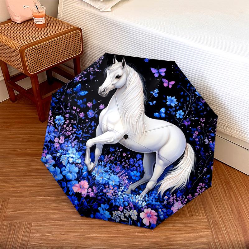 

1 PC Automatic Folding Umbrella - White Horse Pattern, Portable & Foldable Design with 8 Ribs, Christmas Birthday Gifts