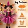 Häxdräktsset för flickor Halloween Utklädning Nät Tüll Prinsessklänning med Häxhatt Handskar och Kvast för Festivaluppträdande