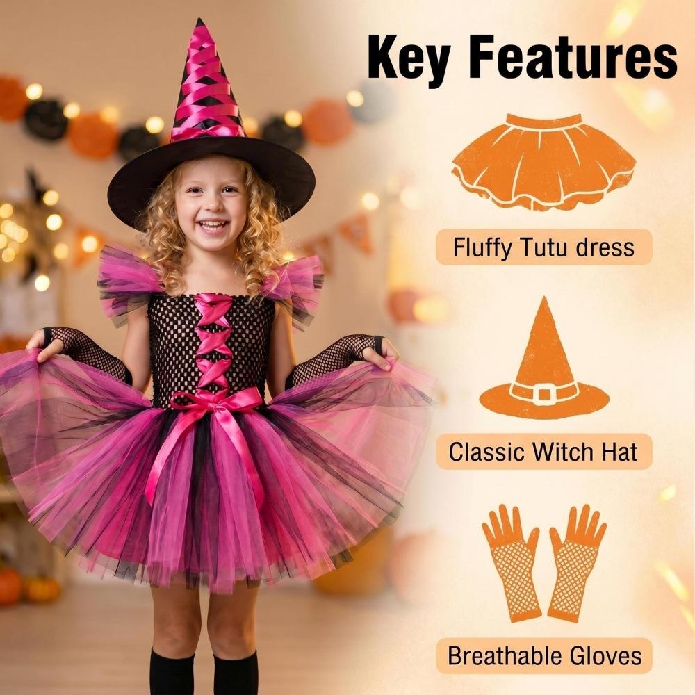 Häxdräktsset för flickor Halloween Utklädning Nät Tüll Prinsessklänning med Häxhatt Handskar och Kvast för Festivaluppträdande