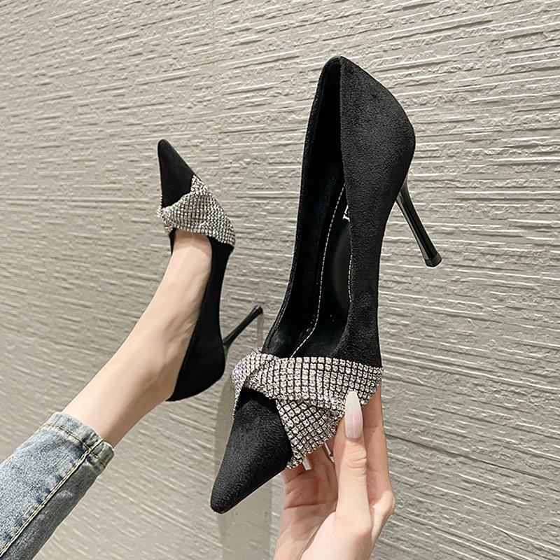 Fashion 2025 High Quality Women's Shoes Fashion High Heels Bright Embellished Bow Slingback Mules Pointed Toe Stiletto Satin Shoes