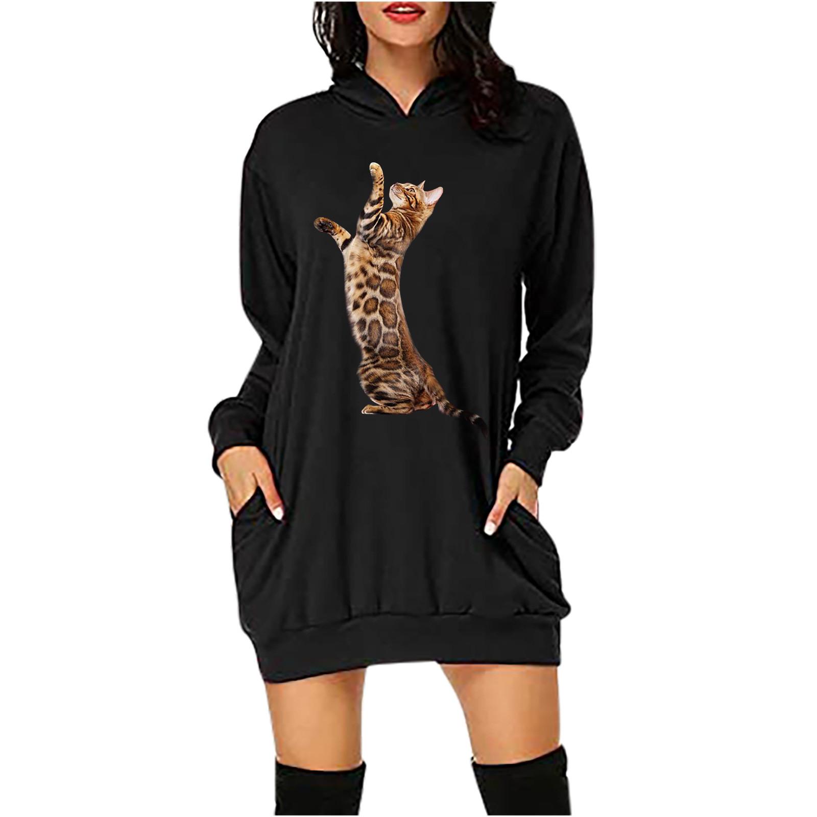 

(SU)Женское модное и удобное платье с капюшоном и ягодицами с принтом кошки