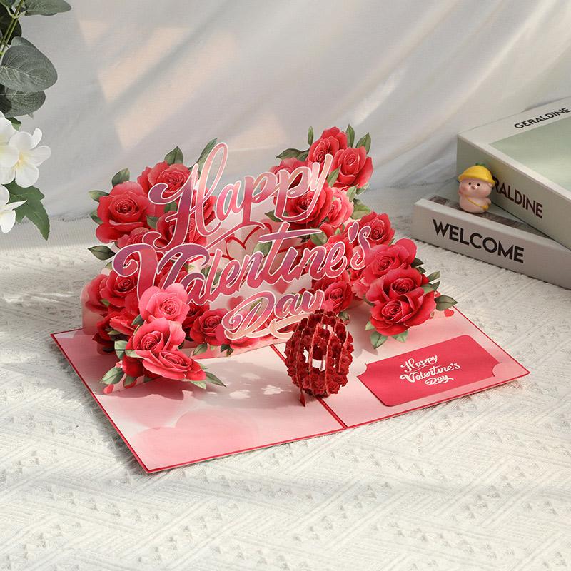 Valentine  Day 3D Romantic Rose Card Pop Up Card Surprise Gifts For Couples Party Prop Anniversary Wedding Flower Card Envelopes