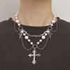Niche Design Double-layer Bright Pearl Fringed Cross Star Cross Necklace Female Versatile