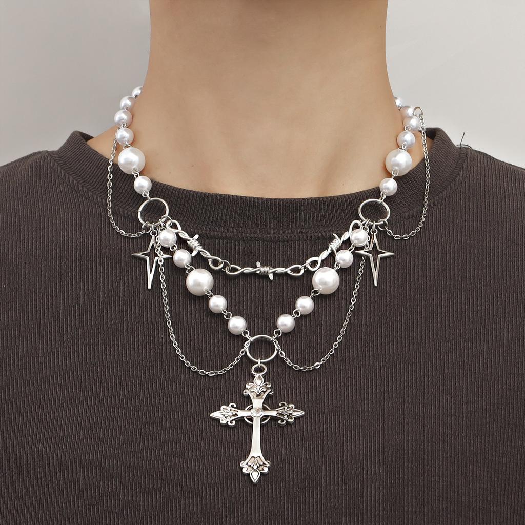 Niche Design Double-layer Bright Pearl Fringed Cross Star Cross Necklace Female Versatile