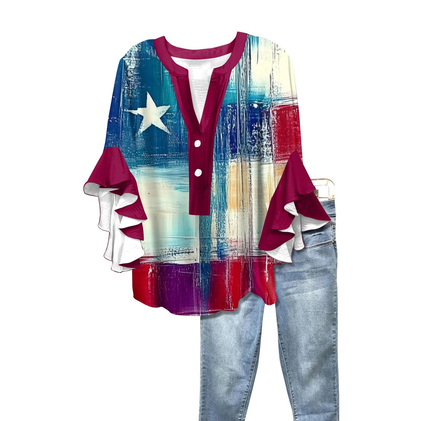 

Летние женские топы с V-образным вырезом и рукавом семь восьмых, рубашка с принтом ко Дню независимости, повседневная рубашка XL винный