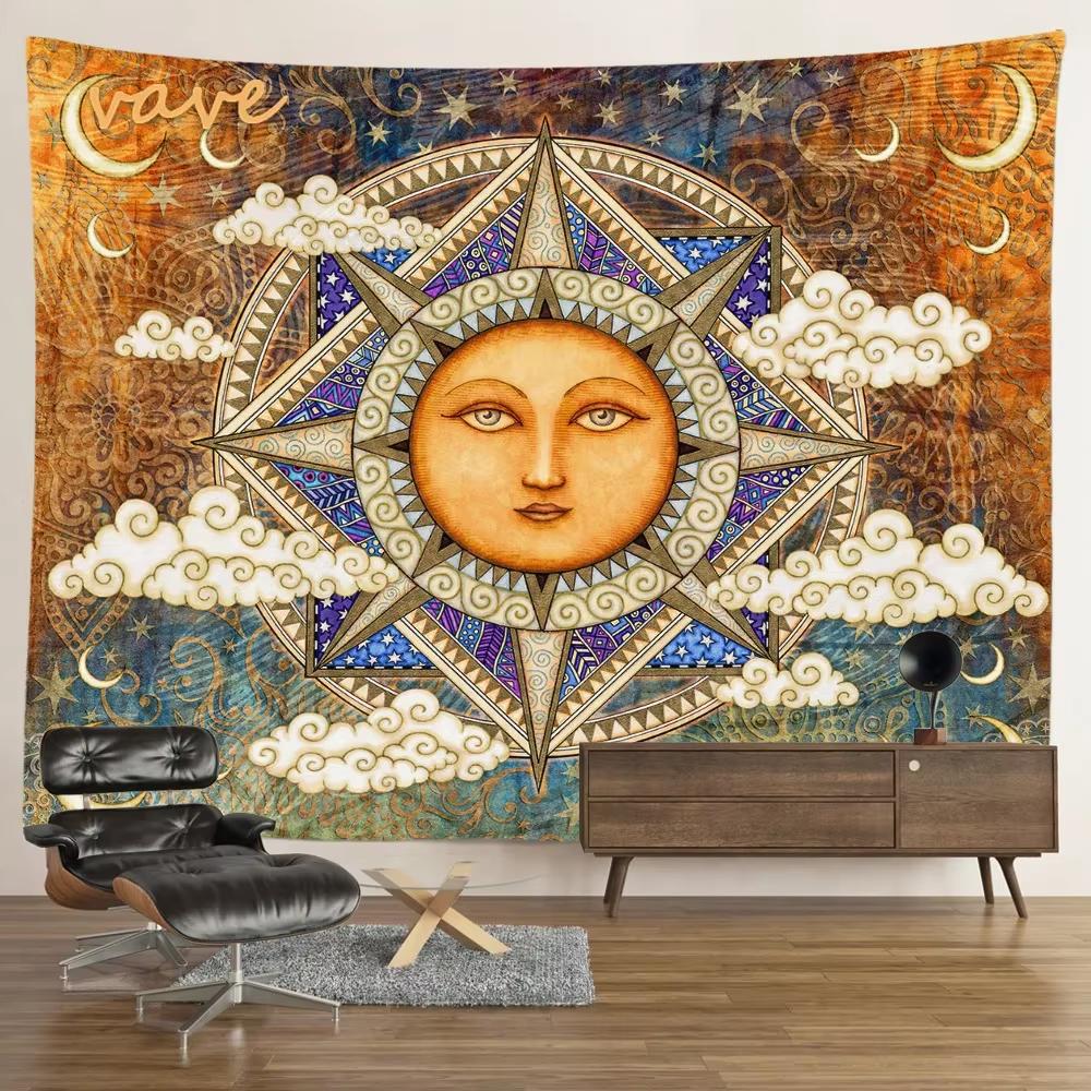 Sun Moon Tarot Tapestry Wall Hanging Bohemian Style Witchcraft Astrology Cloth Fabric Tapestry Flag Living Room Background Cloth