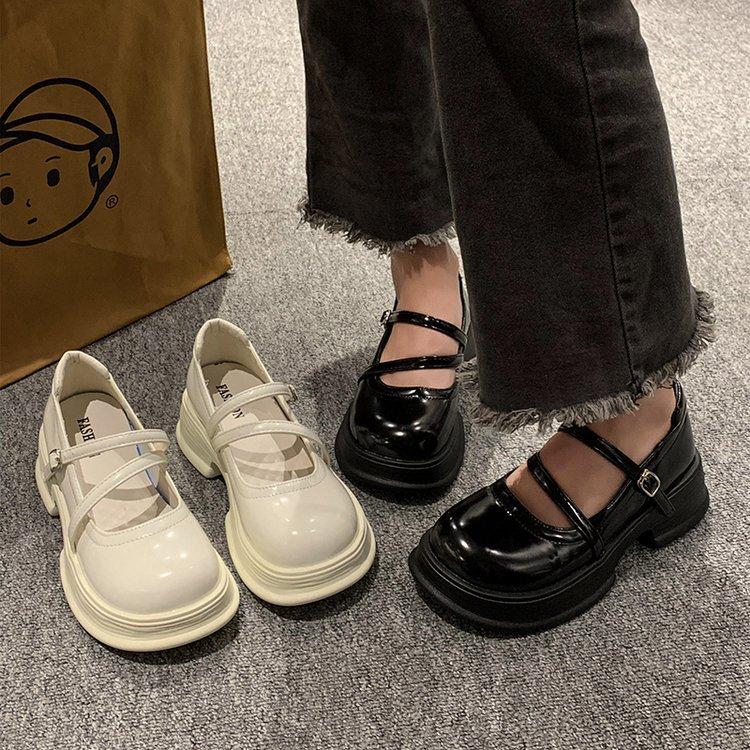 White Thick Heel Platform French Mary Jane Shoes Women's 2025 New Summer Round Head Light Mouth British Style Small Leather Shoes Women