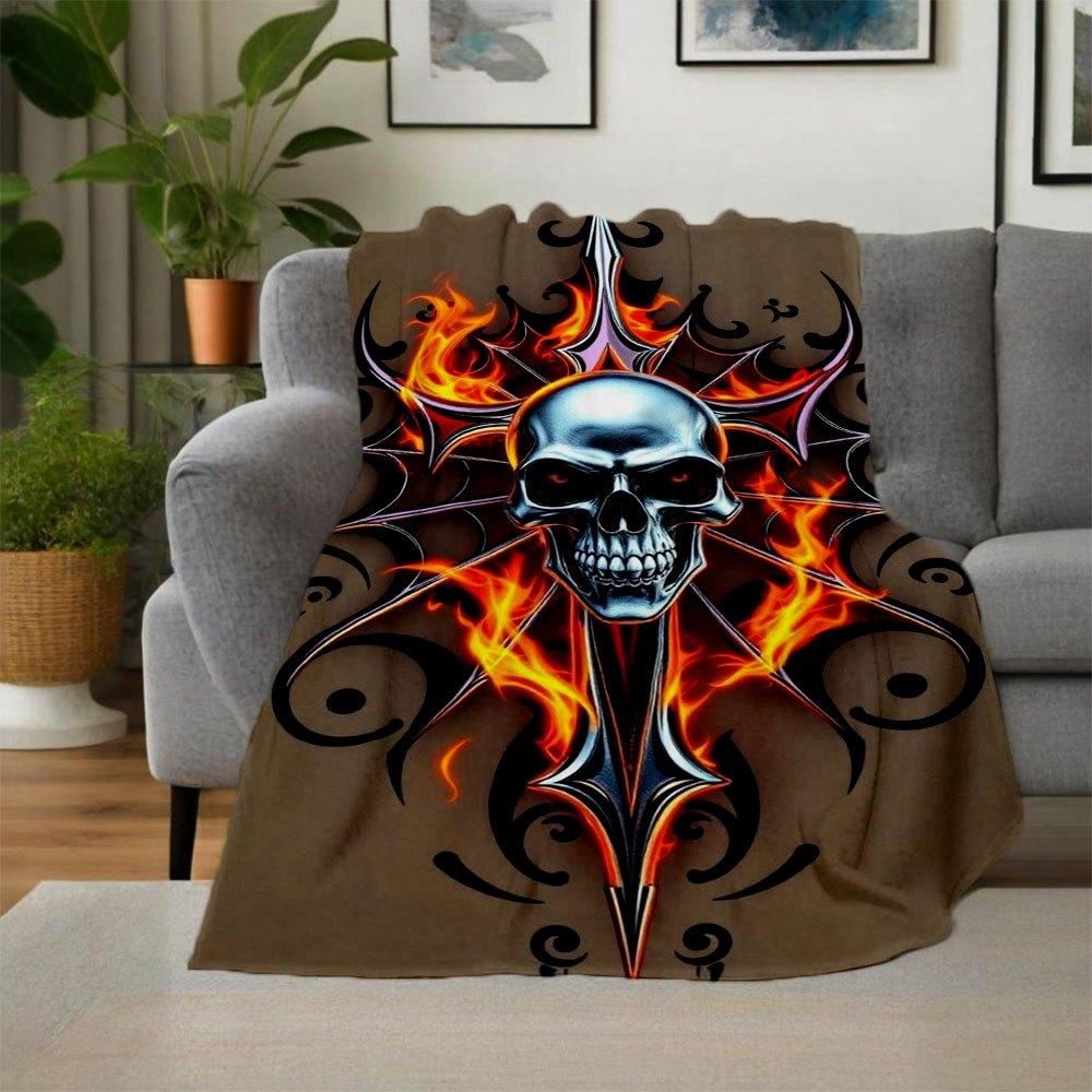 """Flammender Totenkopf Tattoo Design Aufkleber Abziehbild"Flanell Kuscheldecke für Sofa, Bett, Reise, Camping, Büro"""