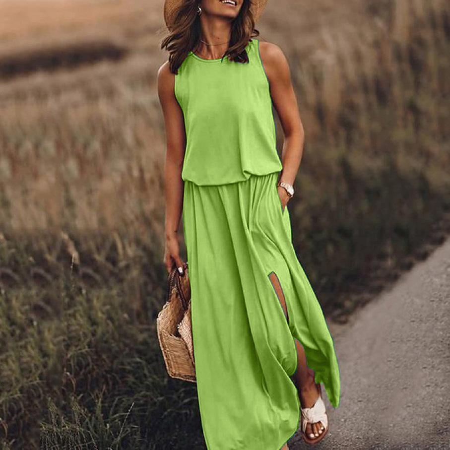 2025 summer new European and American women's clothing round neck sleeveless dress split-ended multi-color solid color long dress