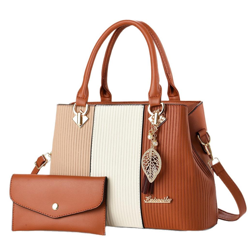 Practical Patchwork Handbag Combo With Mini Pouch, Multi-purpose Top Handle Shoulder Crossbody Matching Bag For Ladies