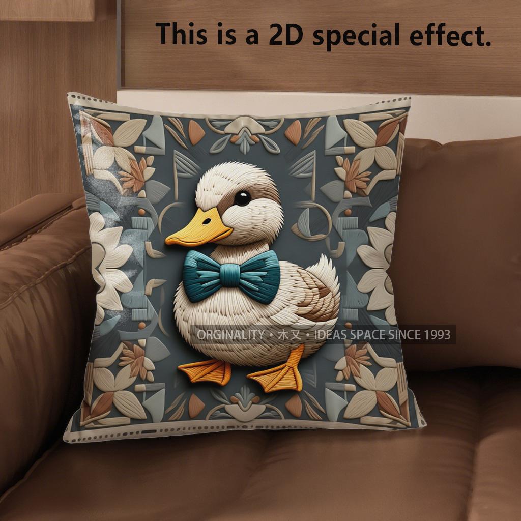2D Adorable Bow-Tied Duck-Patterned Cushion Covers Pattern Cushion Cover Suitable For Sofa Bedroom Car Pillow Cover