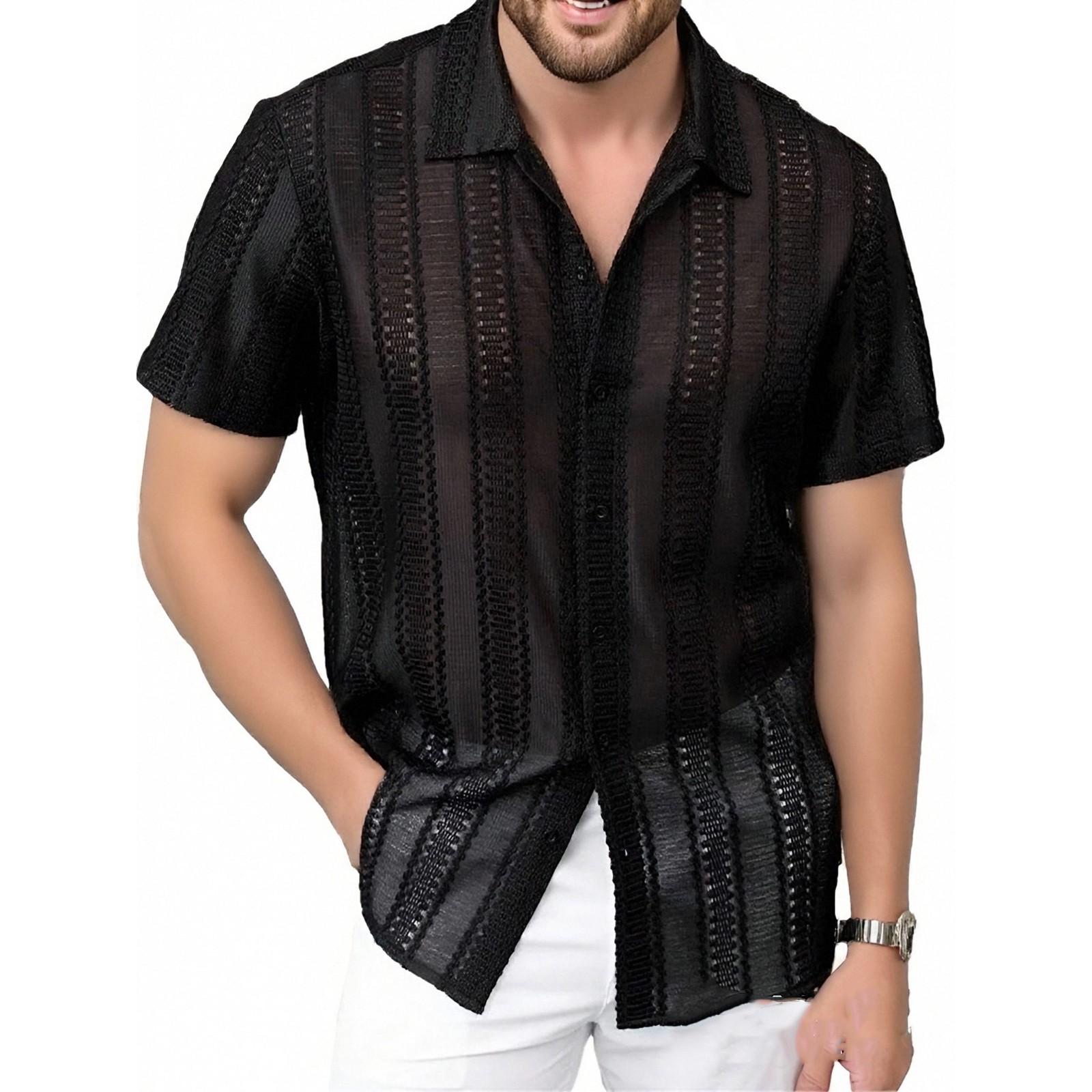 

Мужская кружевная рубашка с коротким рукавом и прозрачными пуговицами, праздничный повседневный ажурный топ XL чёрный