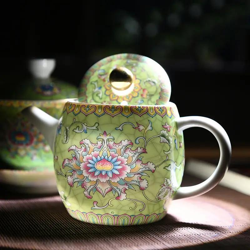 Enamel Painting Tea Pot Porcelain TeaPot Home Ceramic Chinese Tea Set Chinese Color Painting Hotel Restaurant Kettle About 300ML