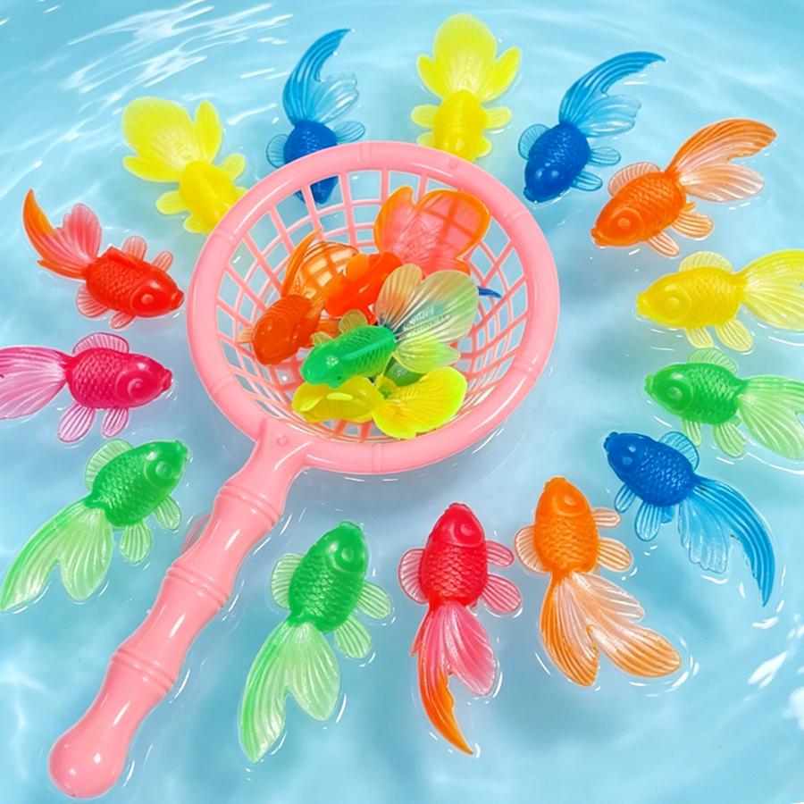 6/14pcs Floating Goldfish & Fishing Net Set, Pet Cat Toy Summer Swimming Party Desktop Ornament Fish Tank Pool Bathtub Decor XJM