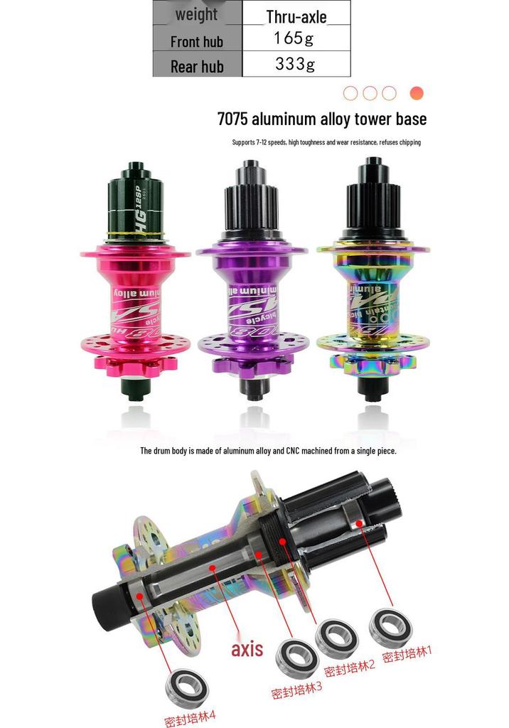 32-Hole Mountain Bike Rear Hub, Four-Bearing, Quick Release Thru-Axle, Six-Bolt Disc Brake, Six-Pawl Cassette Freehub