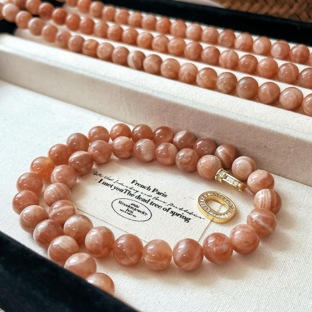 National Style Retro 10Mm Natural Sunstone Necklace Merad Monet Sunrise Color Commuter Collarbone Chain