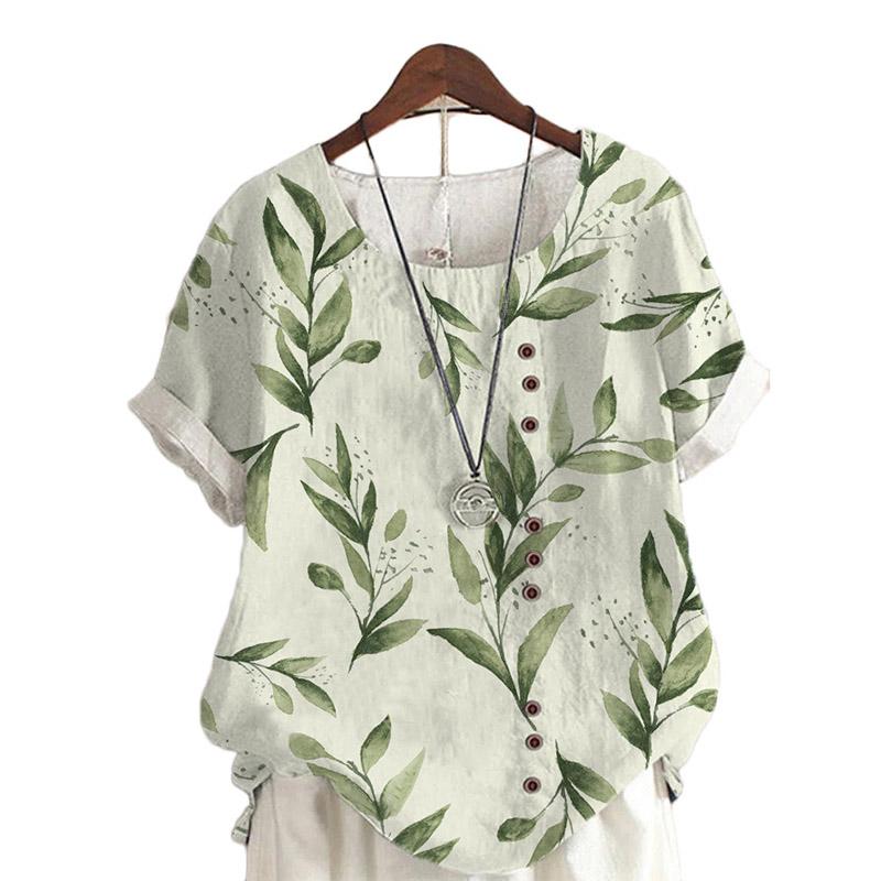 Sommer Uformell Retro bomull Lin Motetrykk Løs fritidsskjorte Kortermet allsidig T-skjorte topp for kvinner