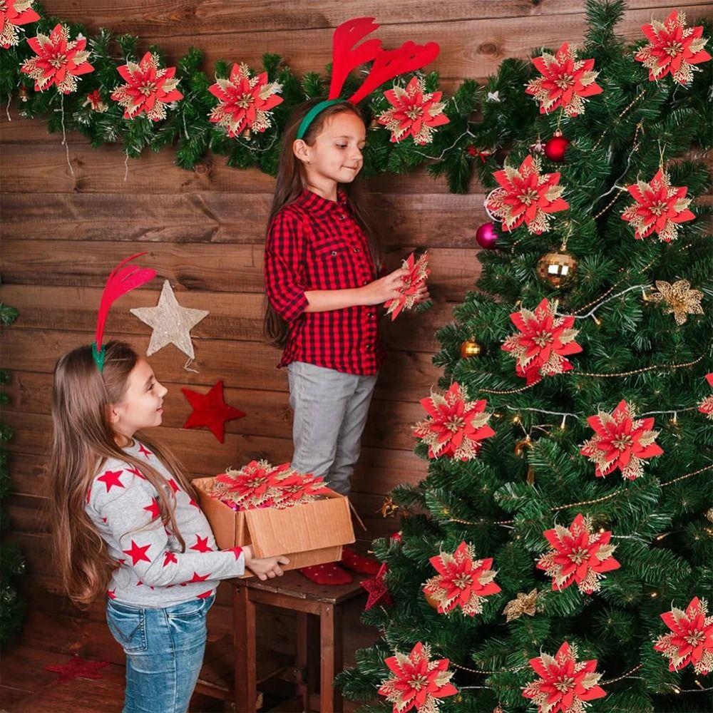 12Pcs With Clips Glitter Xmas Tree Ornaments Multi-color Christmas Floral Decorations  Wedding Decor