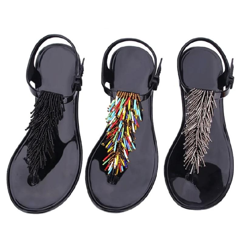Fashion Colourful String Bead Decoration Design Flat Slippers Women Summer Sexy Clip Toe Ankle Strap Buckle Slipper Comfort Beach Sandal