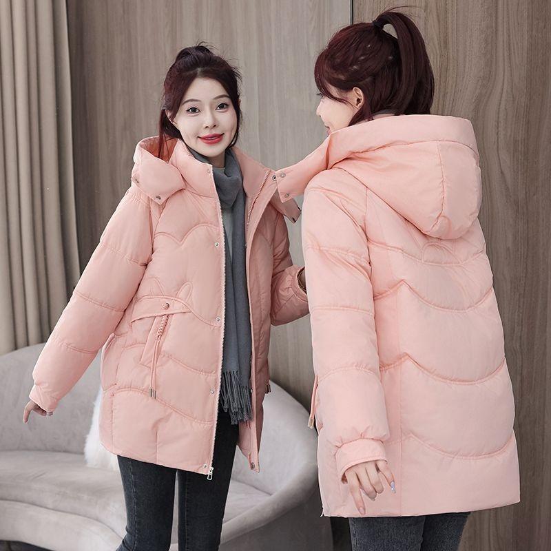 Women Winter Solid Color Mid Length Cotton Padded Coat Korean Loose Thick Warm Student Outerwear Jacket