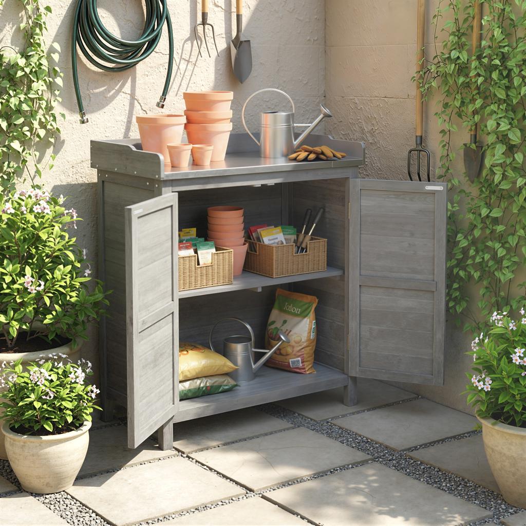 Garden Cabinet with Potting Table, Wooden Tool Shed with Galvanized Worktop, 2 Shelves, Grey