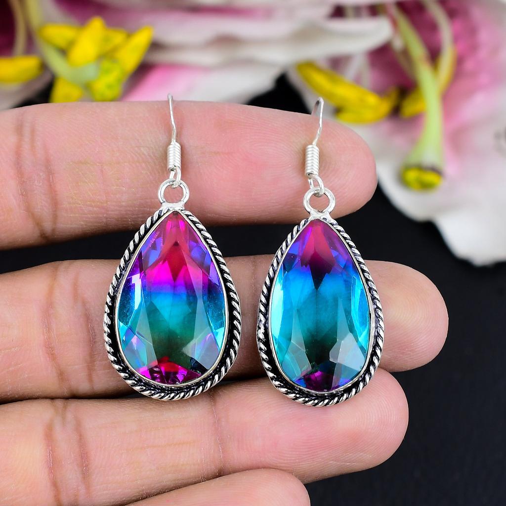 Bi-Color Tourmaline Gemstone 925 Sterling Silver Jewelry Earring 1.97" KG-1783