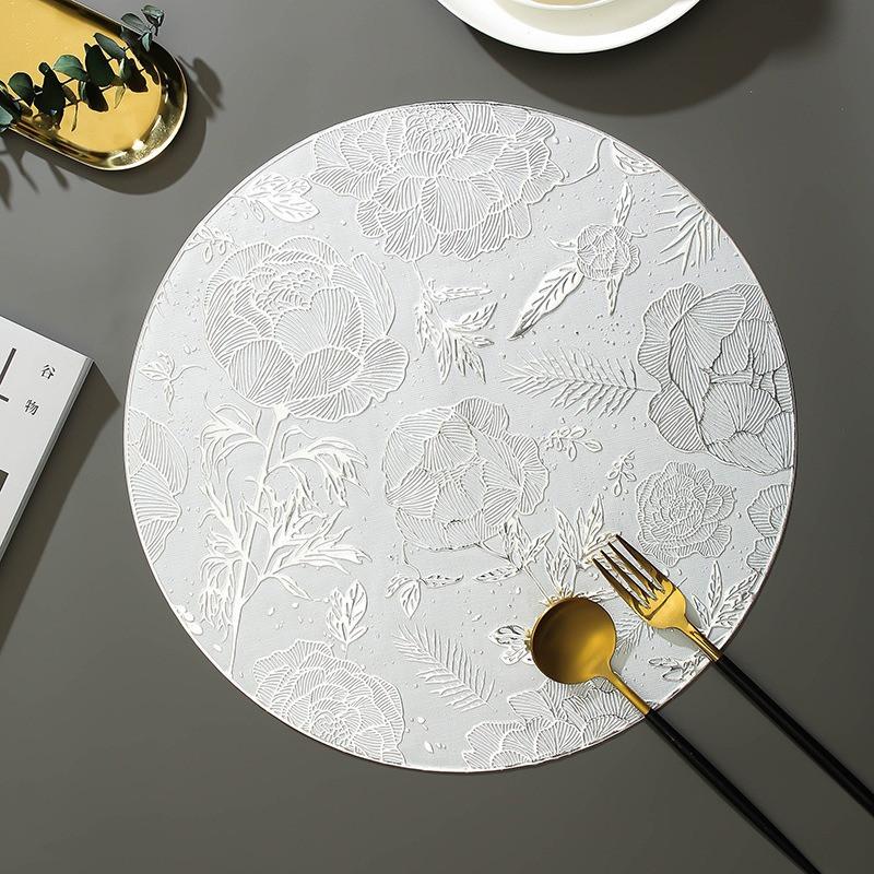1Pc 38x38cm Round Gold Silver Flower Pattern Home Dinner Table Placemat Decoration PVC Insulation Cup Mat Wedding Party Decor
