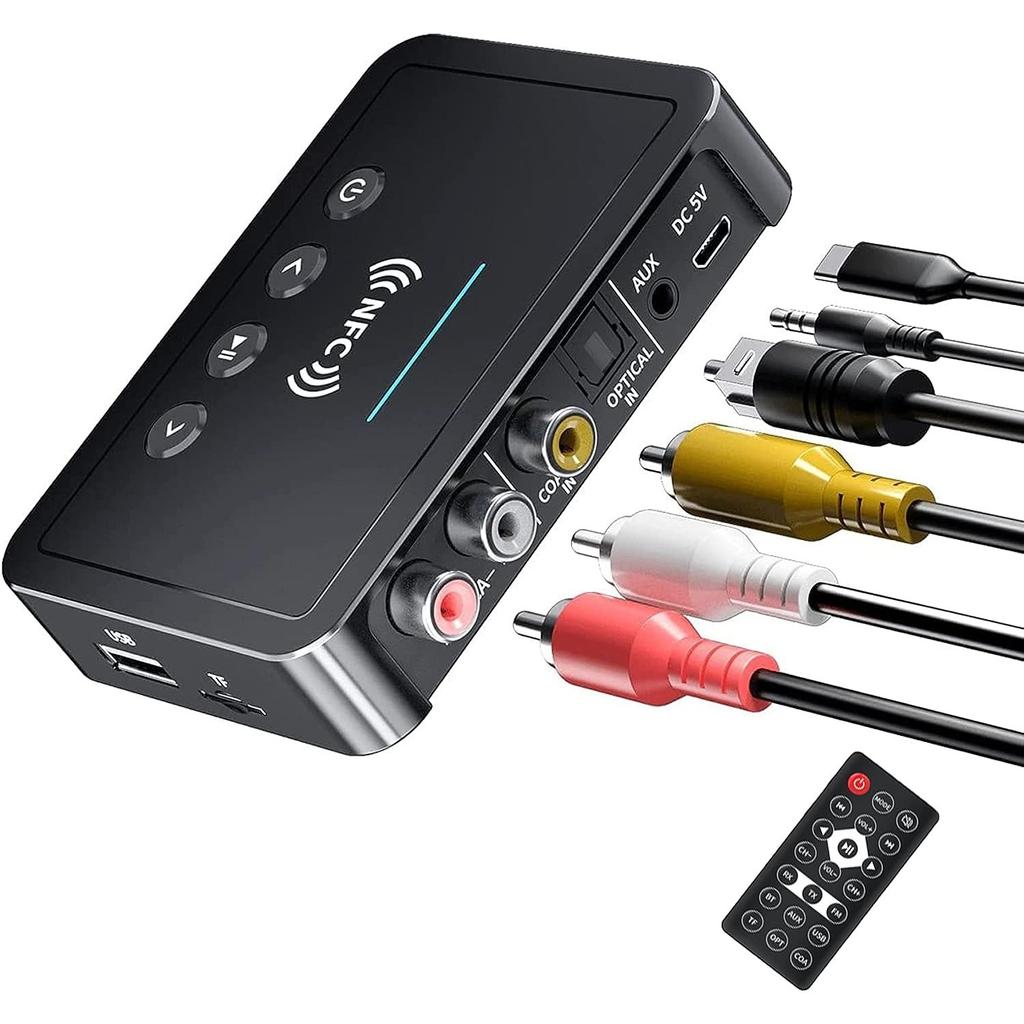 NFC Bluetooth 5.0 Adaptér Vysílač Přijímač, 3 v 1 Bluetooth Audio Adaptér 3,5mm AUX/RCA Stereo Systém pro Reproduktory, TV, Počítače a Autorádia