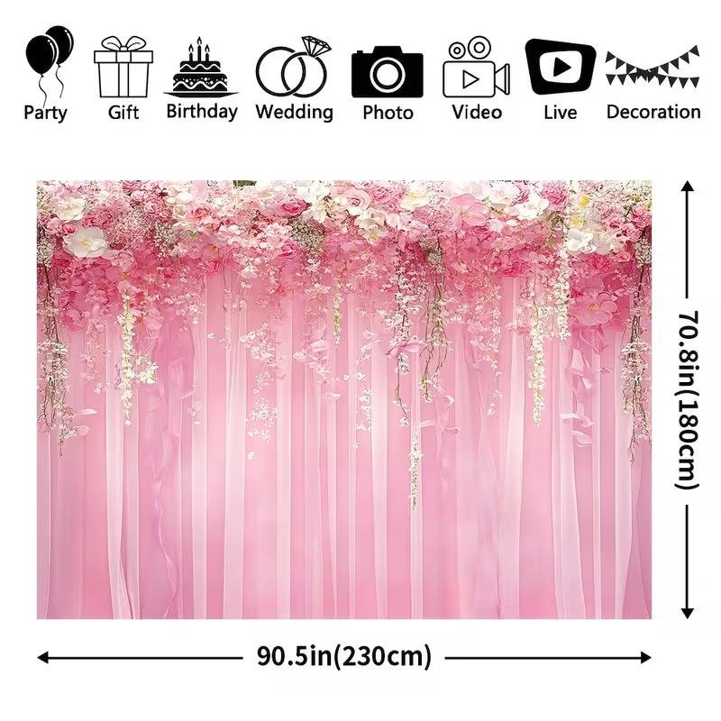 

2D Elegant Pink Flower & Sheer Curtain Backdrop, 2D Flat Banner for Photoshoot & Live Stream 47.2x31.5inch/120*80cm