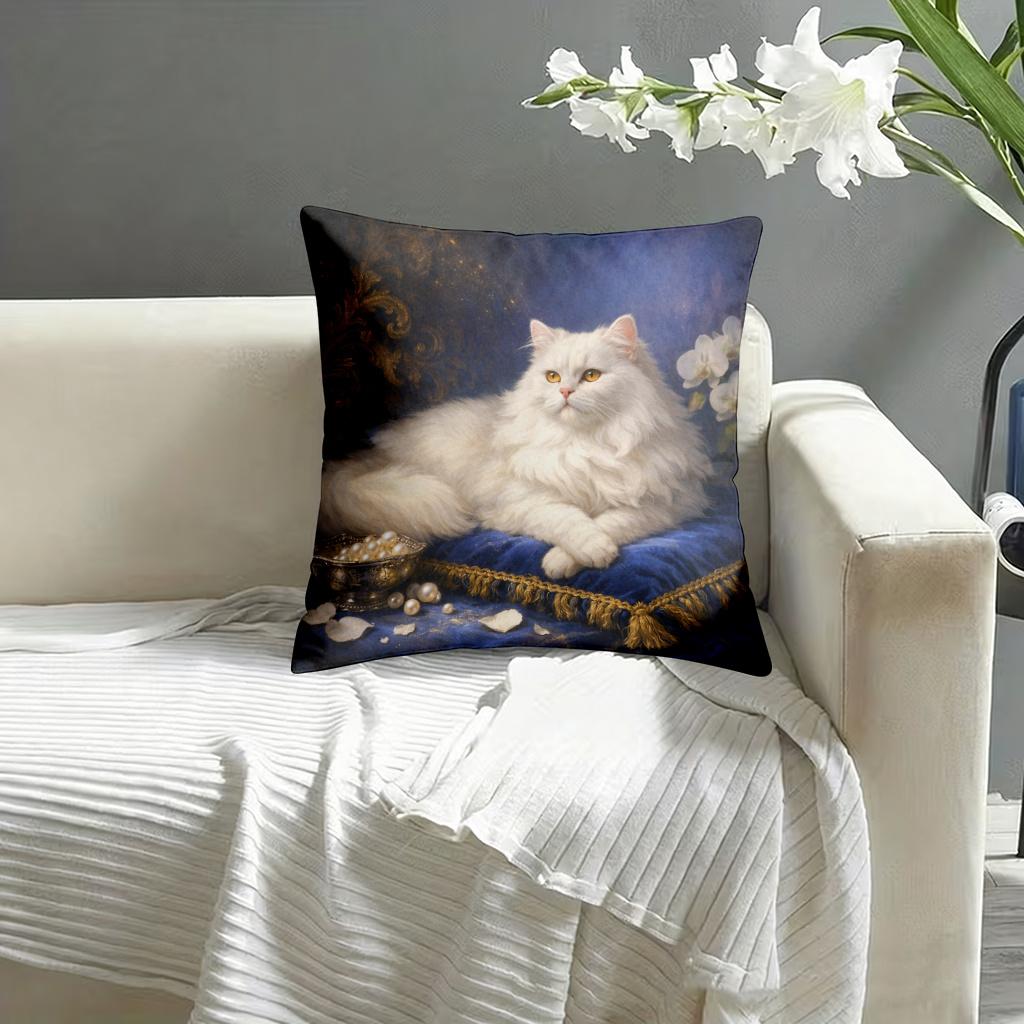 White Cat And Blue Pearls Double-Sided Decorative Pillowcase, Modern Animal Pattern Cushion Cover For Home Office Car