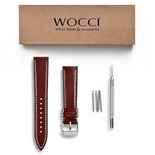 [WOCCI] Genuine Leather Watch Strap 18mm Italian Calf Leather Replacement Watch Band (Wine Red/Silver Buckle)