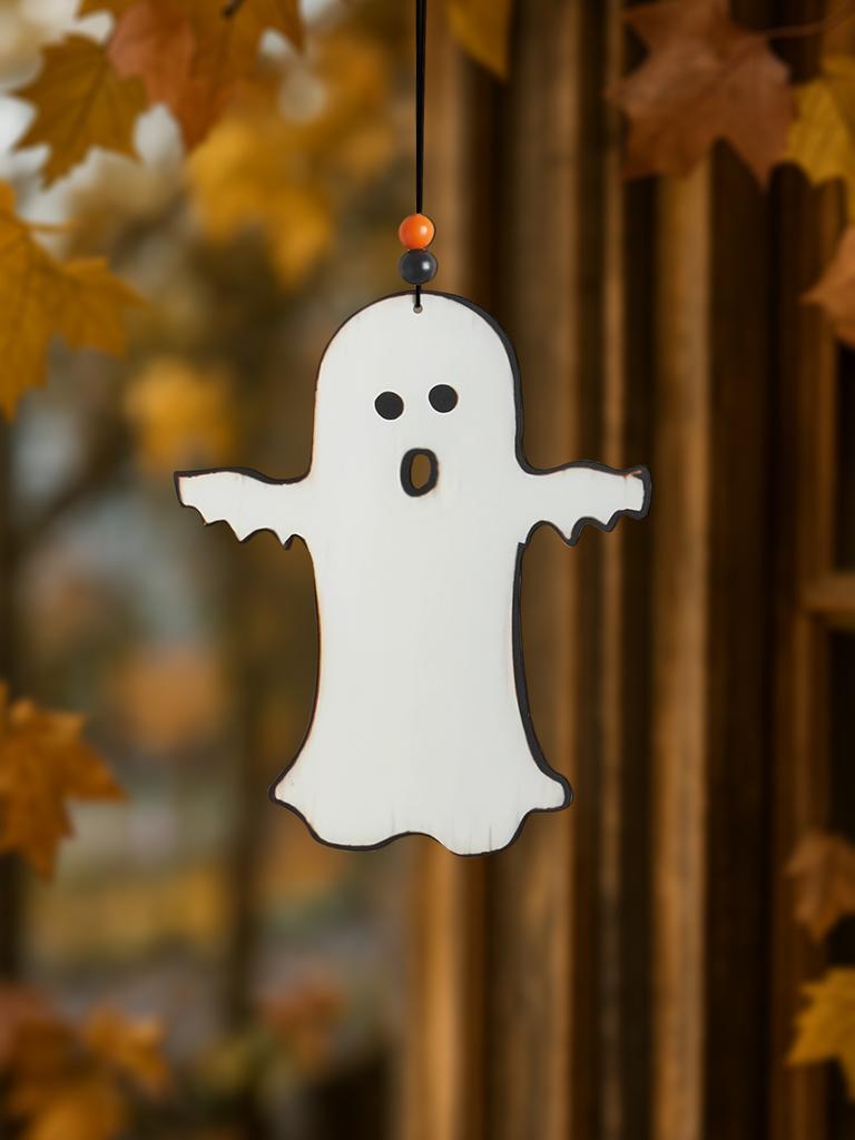 Halloween Wooden Ghost Hanging Ornament, Cute Ghost with Beads Design, Window & Wall Decor Pendant for Home Bedroom Living Room