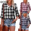 Autumn V-neck Long-sleeved Stylish Pullover Lapel Loose Women's Plaid Shirt