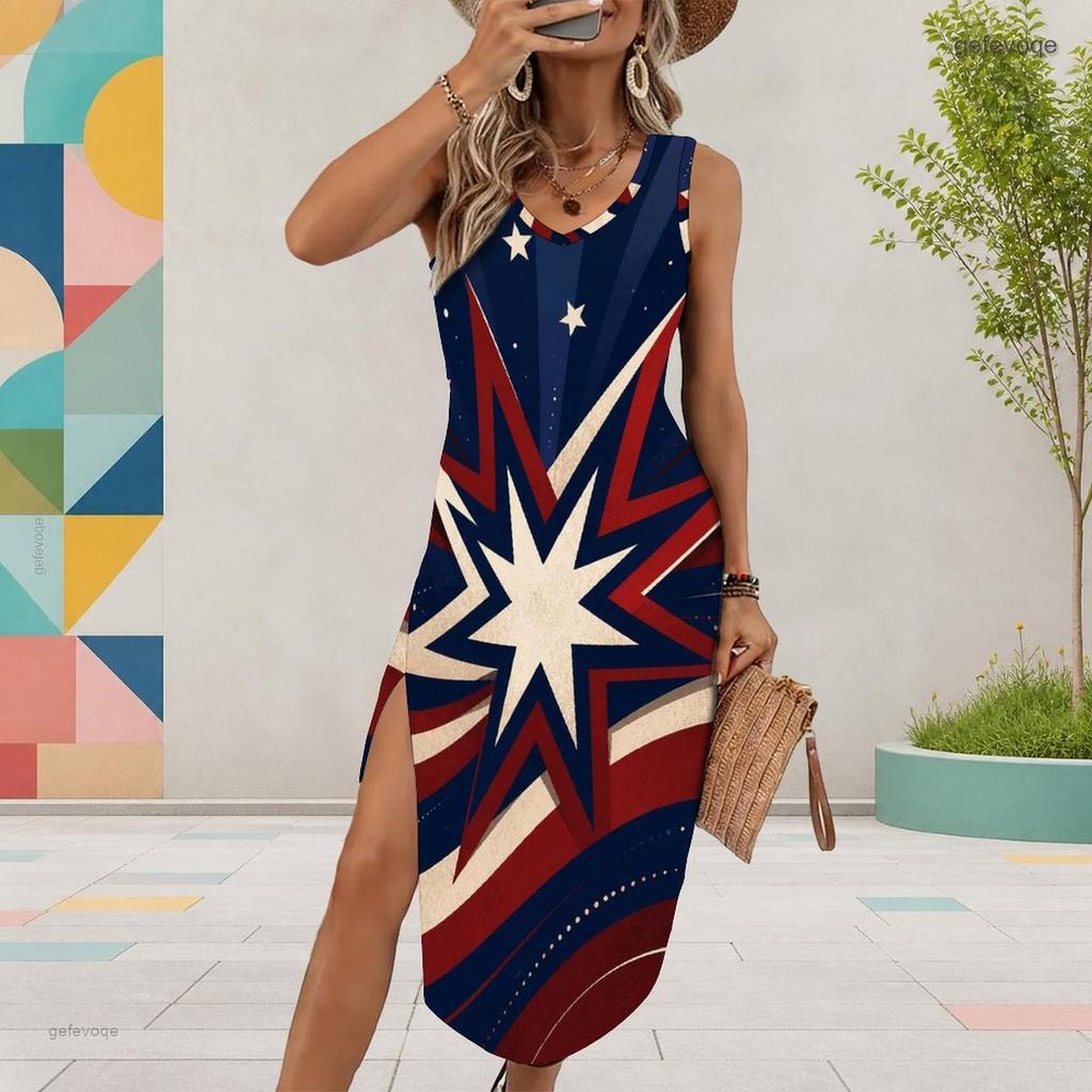 Women Plus Size U Neck Sleeveless White Printed Tank Midi Dress High Side Slit Curved Hem