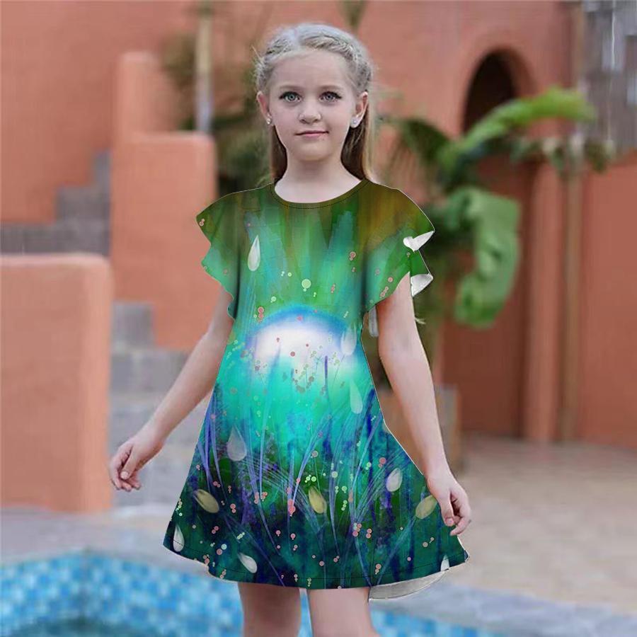 Girls Blue Lily Print Dresses Kids Girl Party Dress Loose Fitting Loose Fitting Short Sleeved Skirt For Girls Over Four Years Old