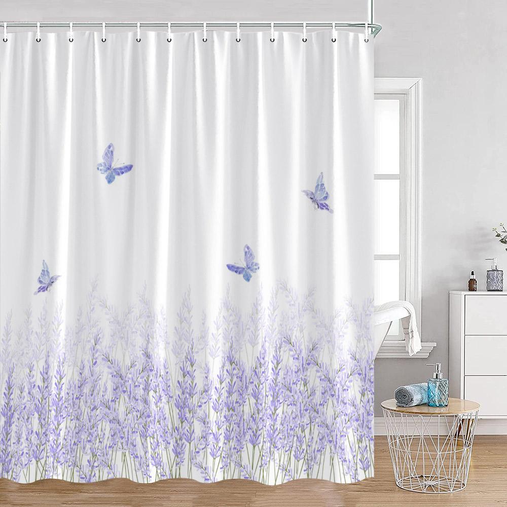 Butterfly Shower Curtains Multicolored Flowers Pastoral Floral Bathroom Decorations Rustic Polyester Bath Curtains with Hooks