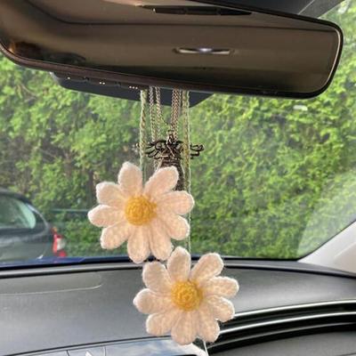 Cute Handmade Flower Knitted Pendant Car Rear View Mirror Decor Hanging Crochet  Bag Key Pendant Women Girl Gift