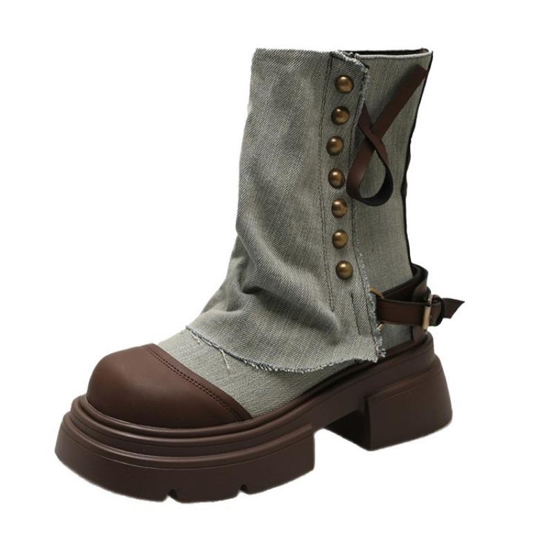 Design sense niche denim trouser boots women's spring and summer new medium tube cigarette casual thick-soled Martin boots