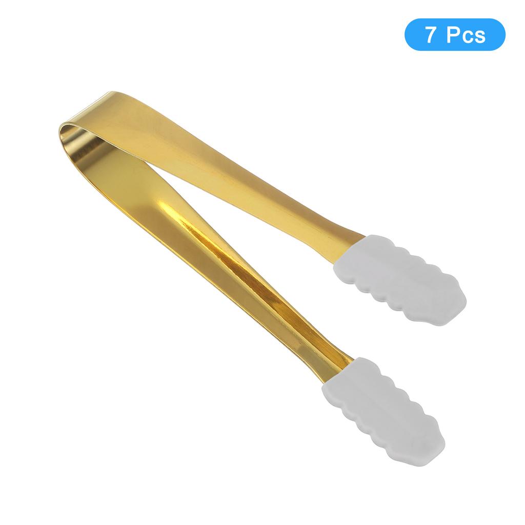 7pcs Silicone BBQ Grilling Tongs Stainless Steel Ice Tongs Tiny Tongs for Appetizers Sugar Desserts Bar Cafe Gold 5.3Inch