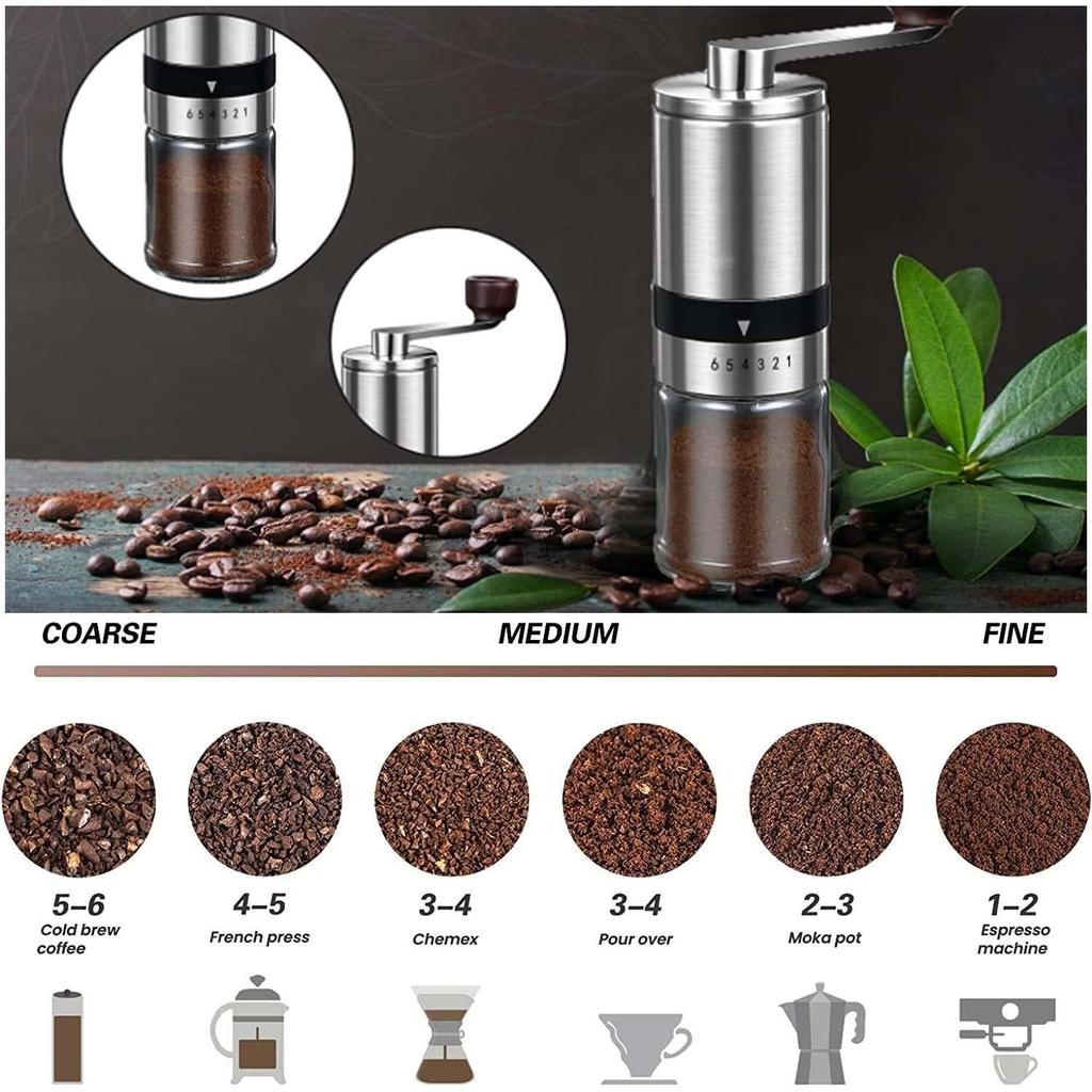 VEVOK CHEF Manual Coffee Grinder - 6 Settings Stainless Steel Burr Mill For Espresso & More